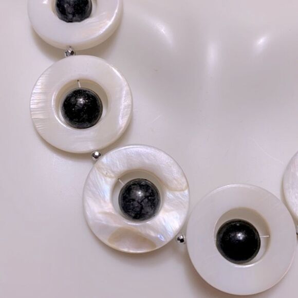 JADE in mother of Pearl shell necklace w hematite beads Sterling Handmade - Picture 3 of 6